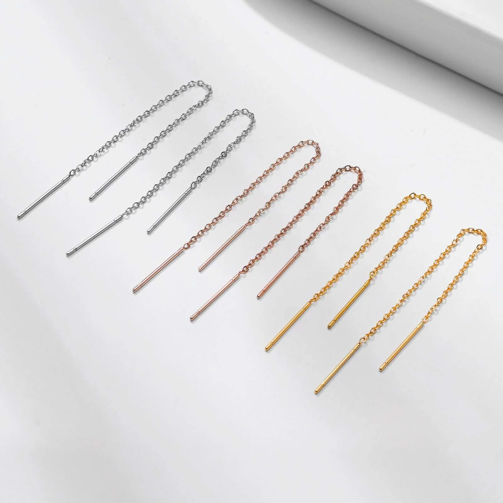 14k Solid Gold Threaders Delicate Long Chain Earrings