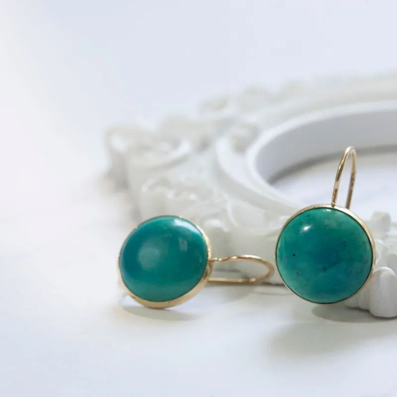 14K Yellow Gold Circle Turquoise 12mm Dangle Earrings