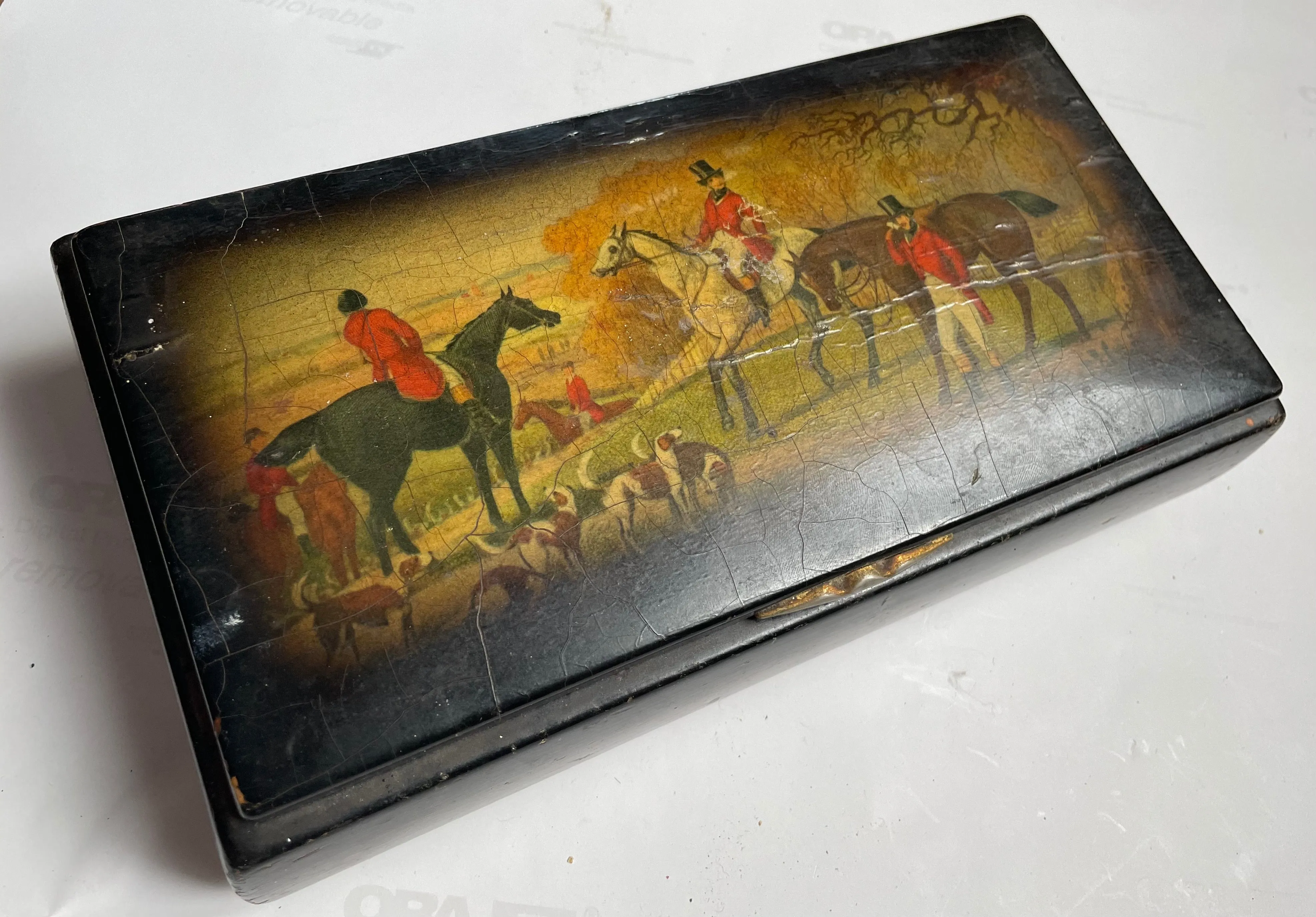 1930s English Hunting Scene Wooden Box