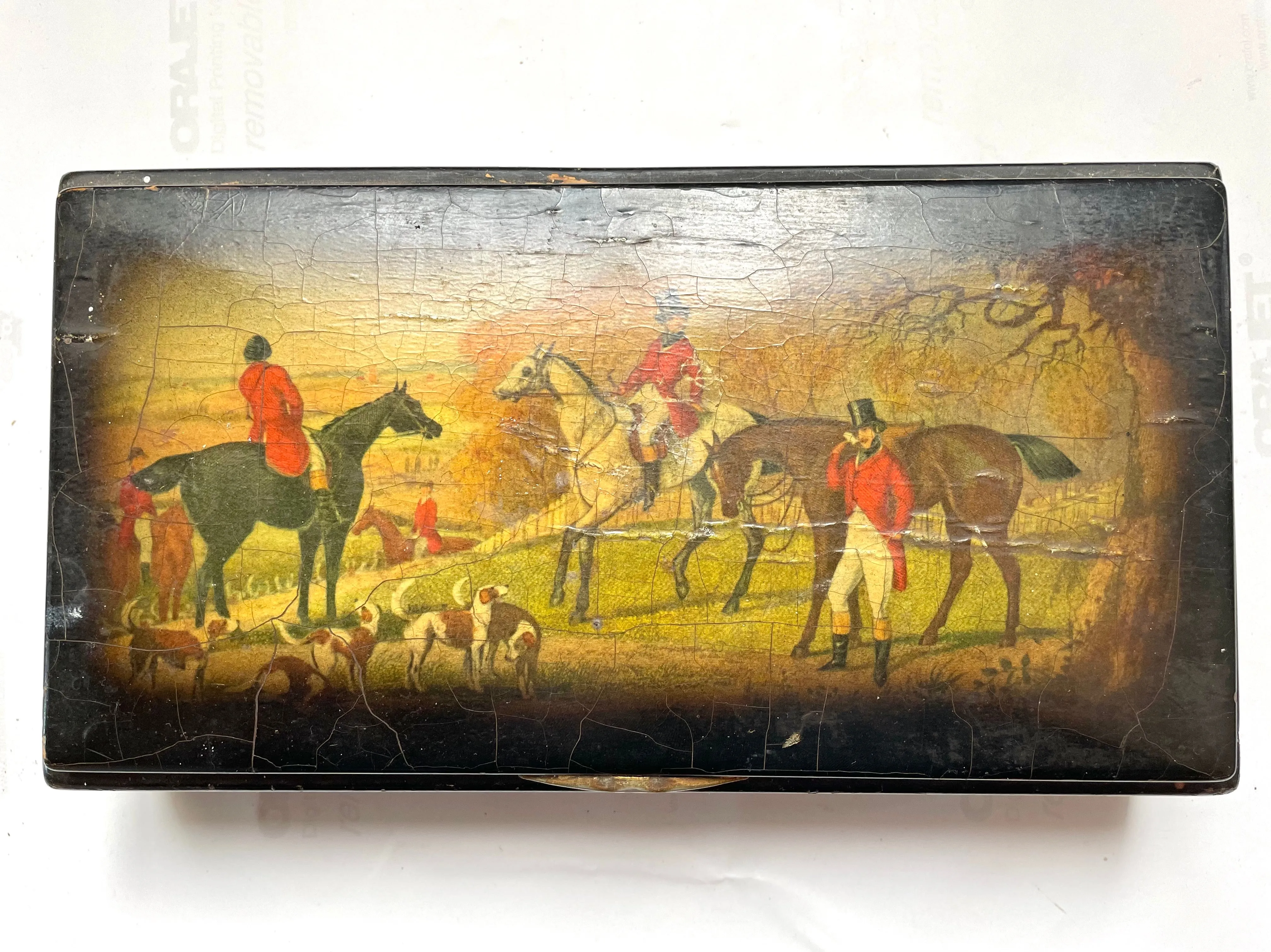 1930s English Hunting Scene Wooden Box