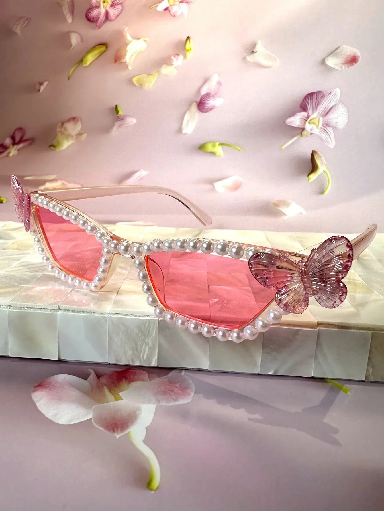 1pc Pearl Butterfly Decorated Cat Eye Glasses