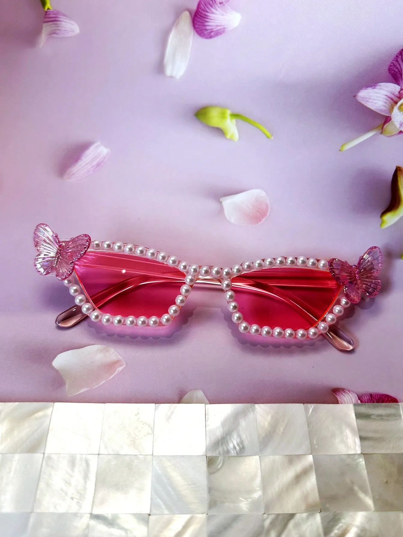 1pc Pearl Butterfly Decorated Cat Eye Glasses