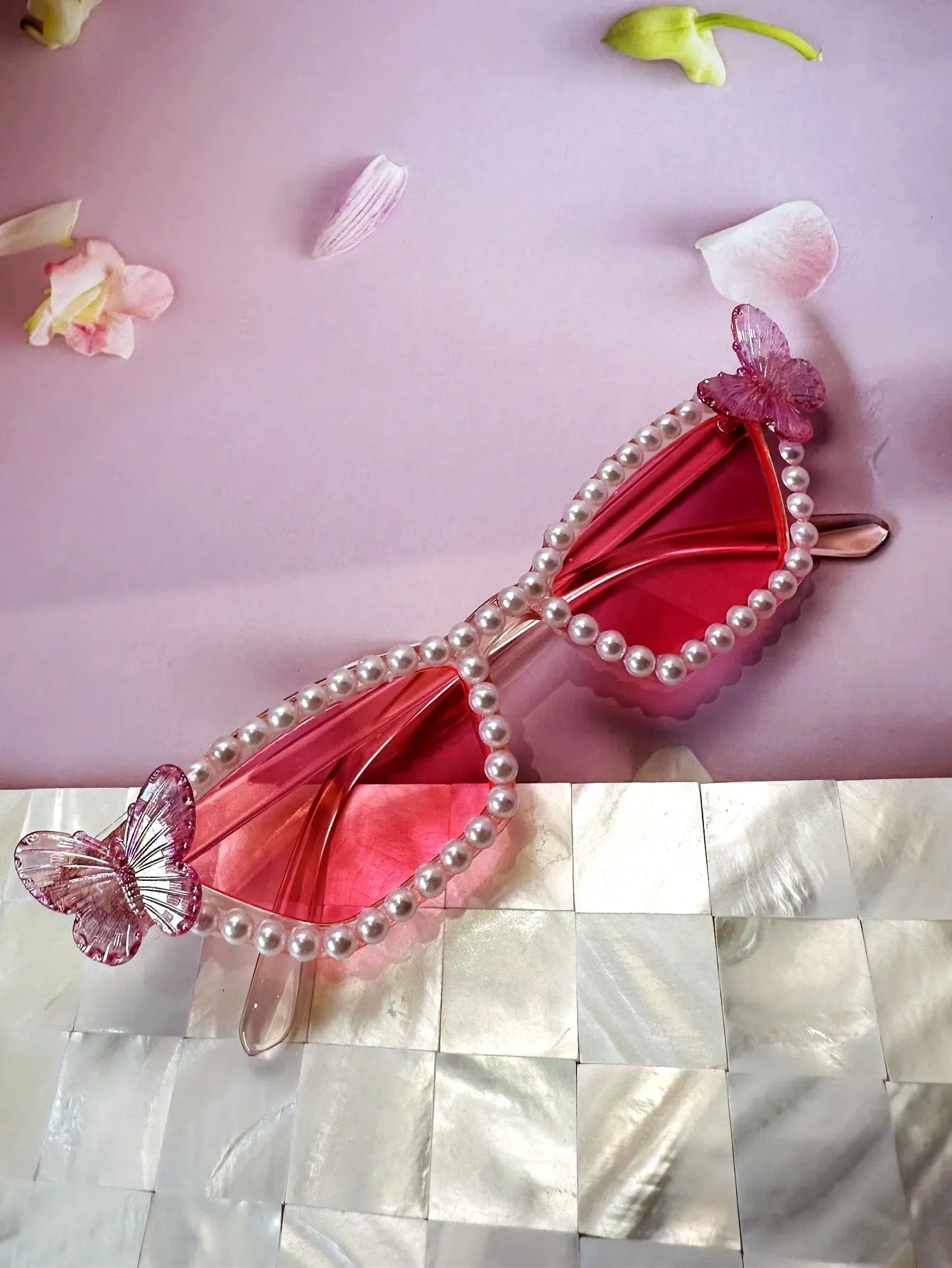 1pc Pearl Butterfly Decorated Cat Eye Glasses