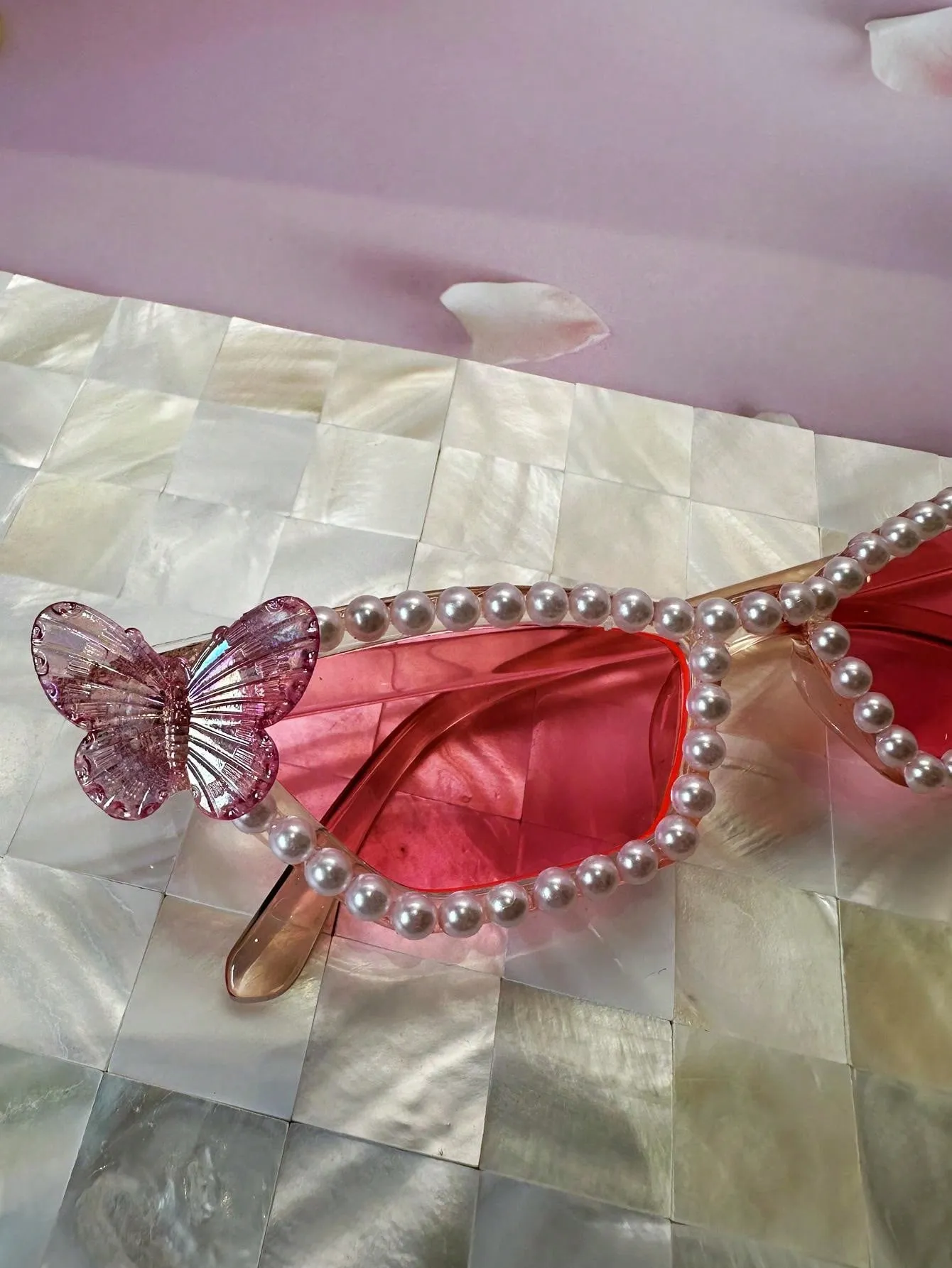 1pc Pearl Butterfly Decorated Cat Eye Glasses