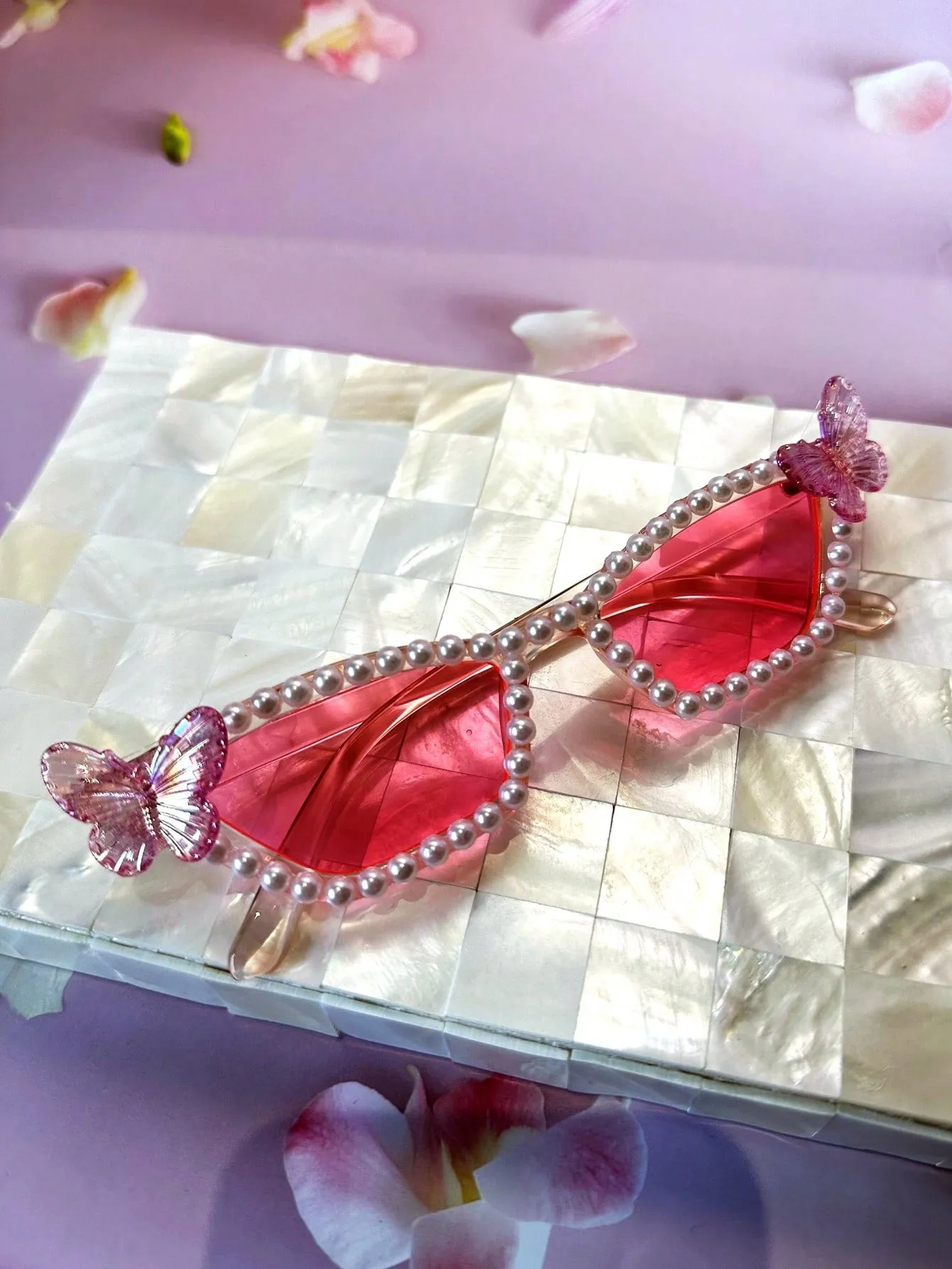 1pc Pearl Butterfly Decorated Cat Eye Glasses