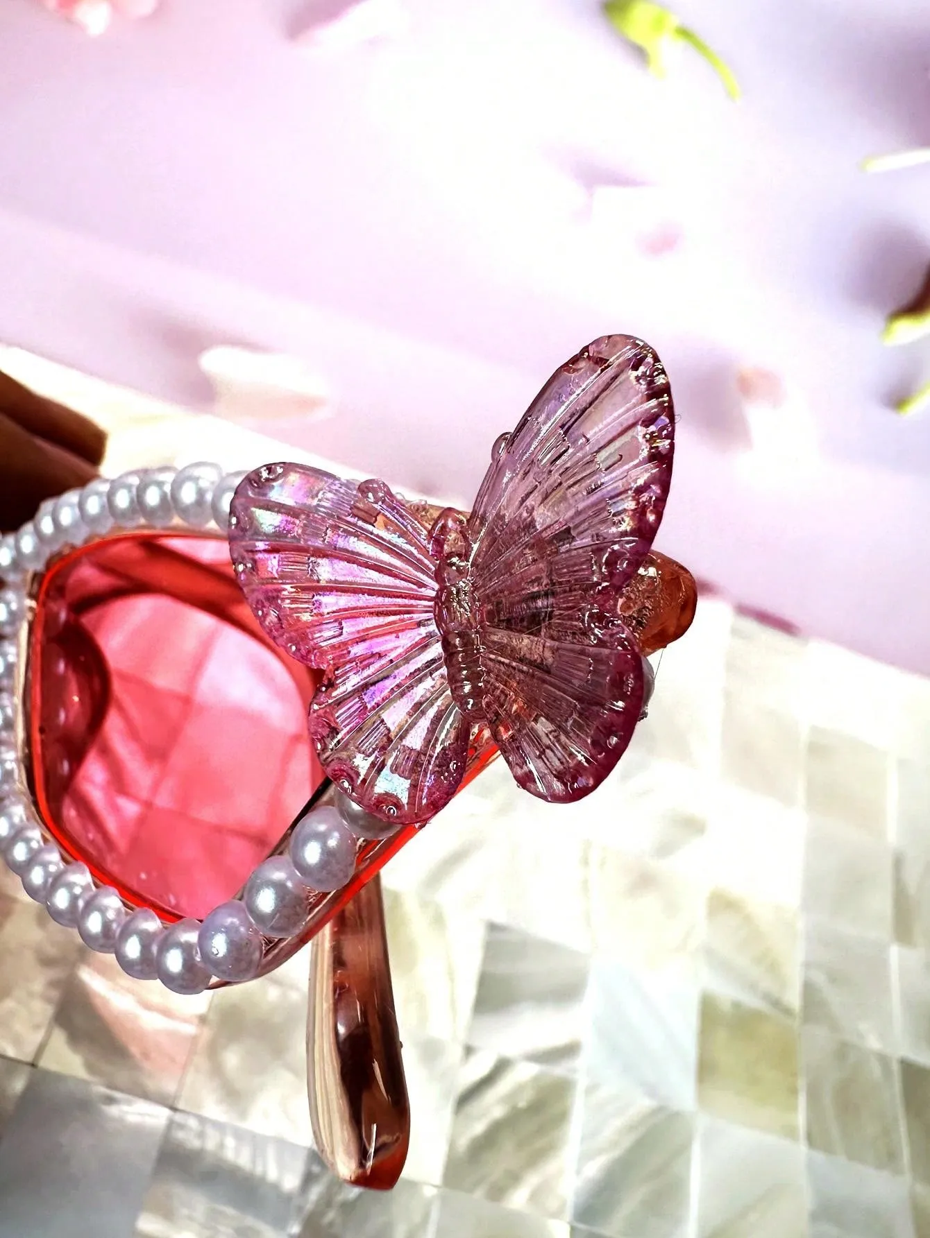 1pc Pearl Butterfly Decorated Cat Eye Glasses