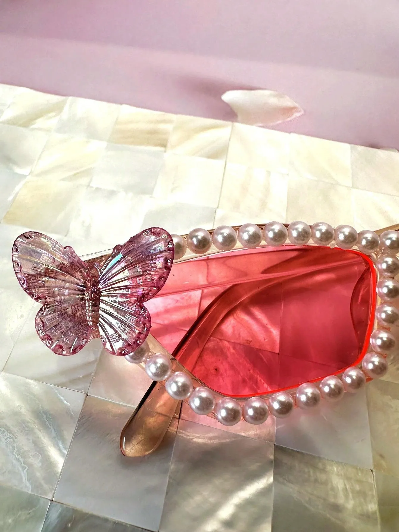 1pc Pearl Butterfly Decorated Cat Eye Glasses