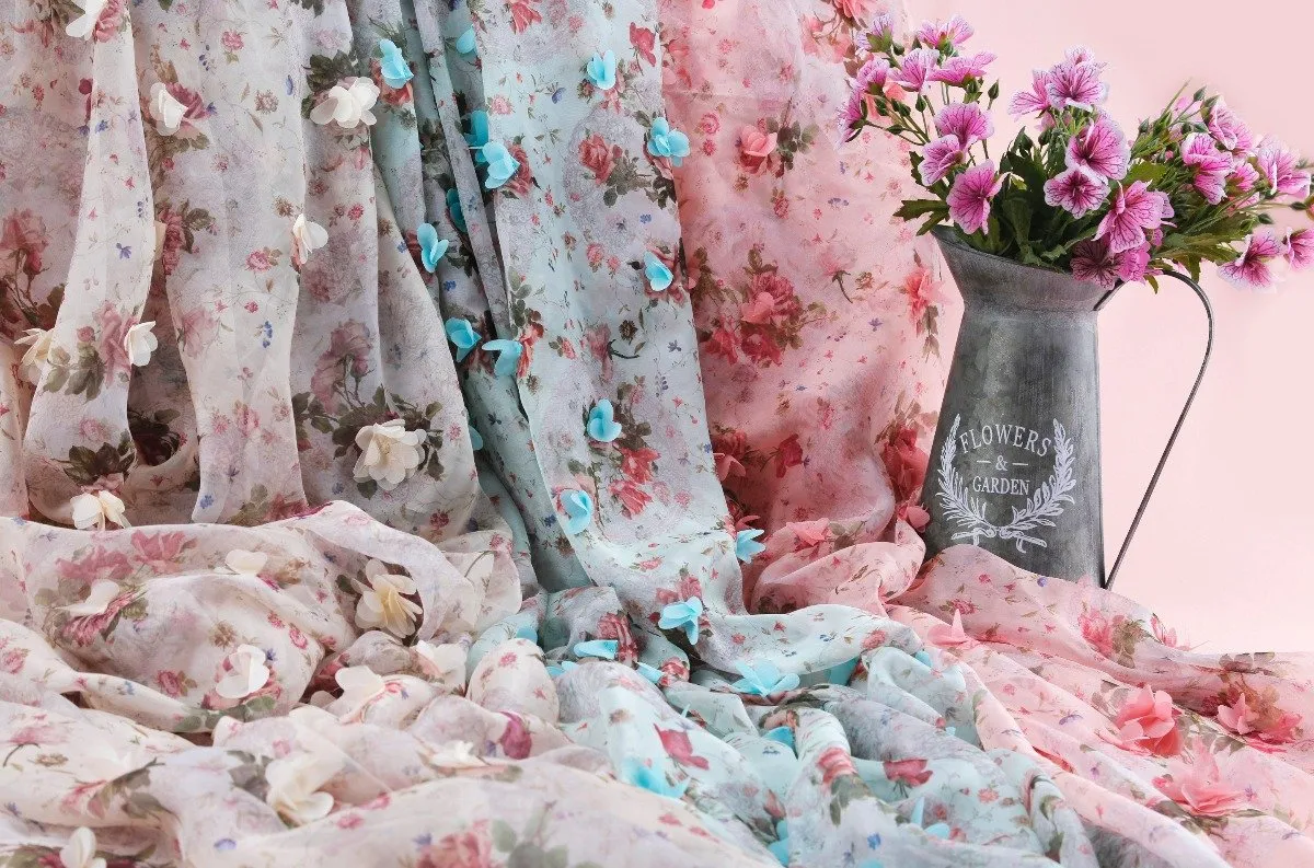 3D Flower Pattern Digital Printing Chiffon Trim Woven Fabric