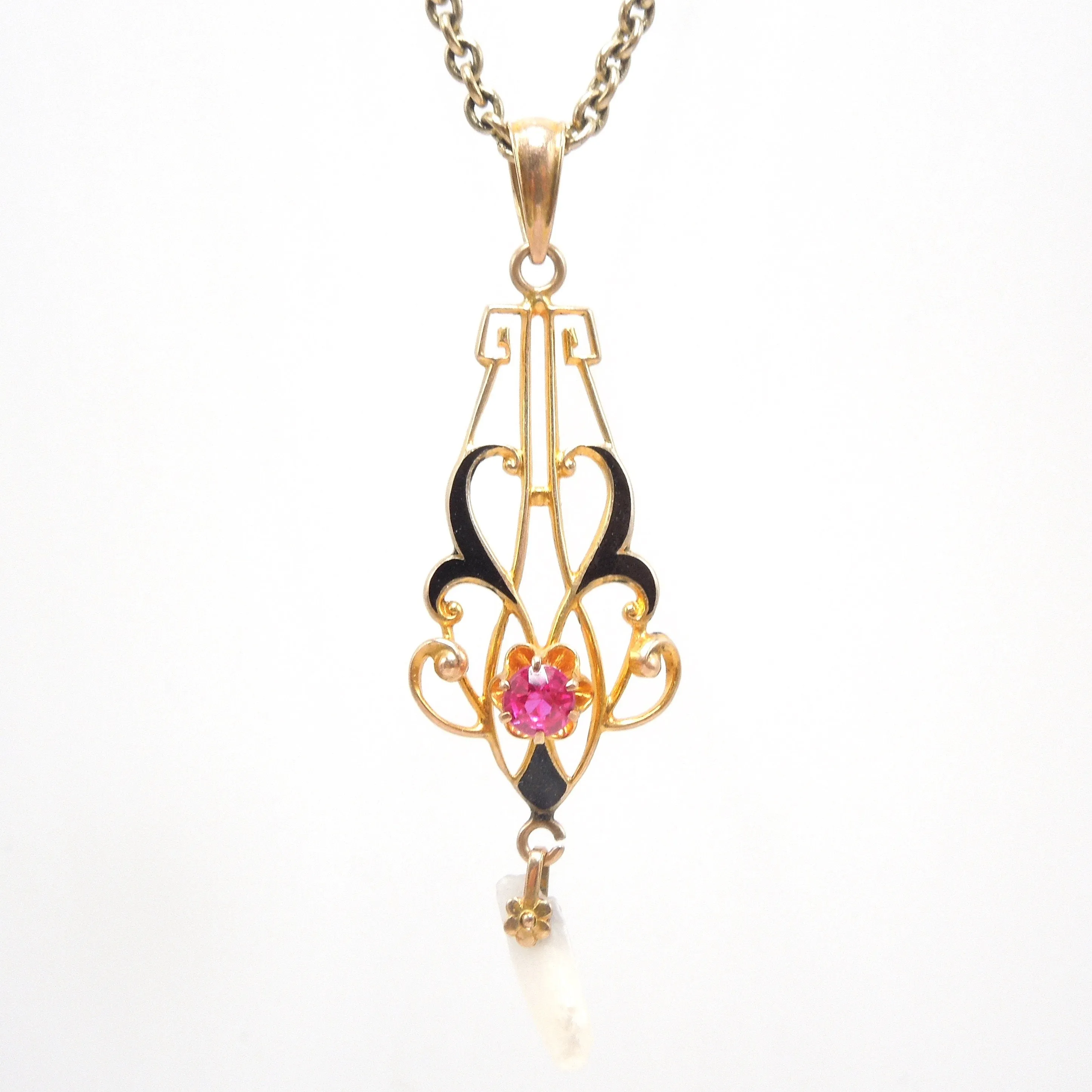 Art Nouveau Style Yellow Gold and Enamel Pendant with Dogtooth Pearl and Ruby