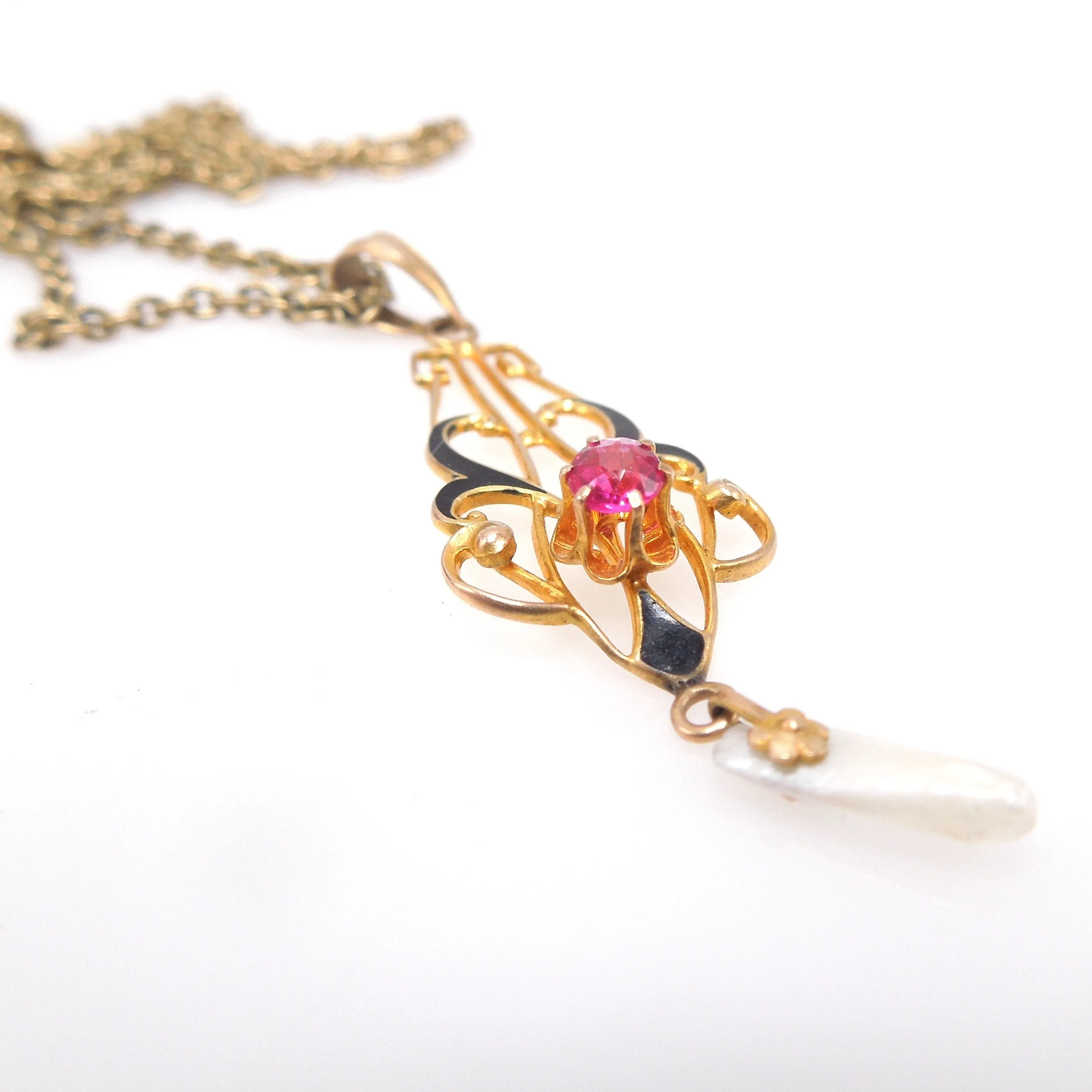 Art Nouveau Style Yellow Gold and Enamel Pendant with Dogtooth Pearl and Ruby
