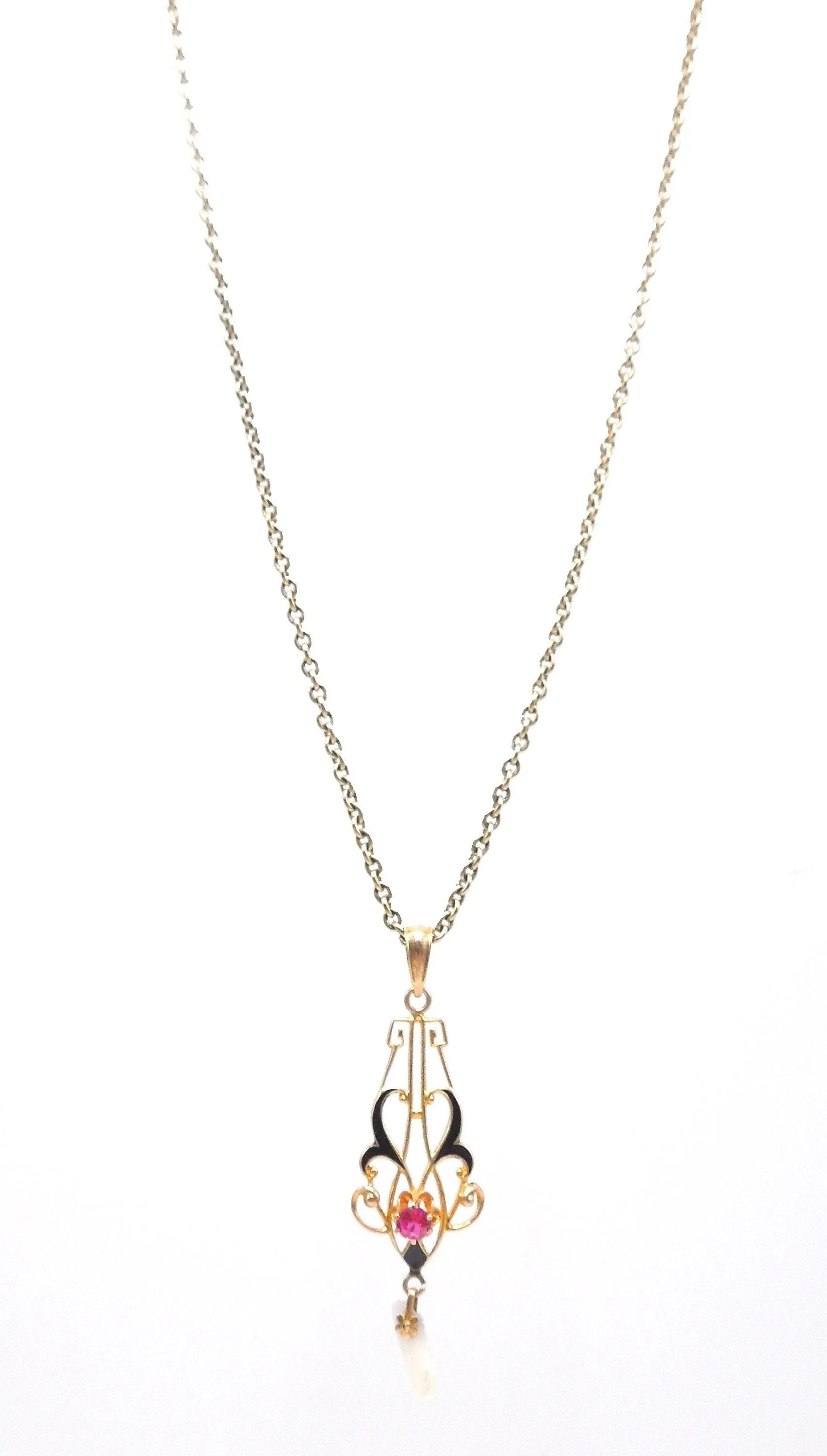 Art Nouveau Style Yellow Gold and Enamel Pendant with Dogtooth Pearl and Ruby