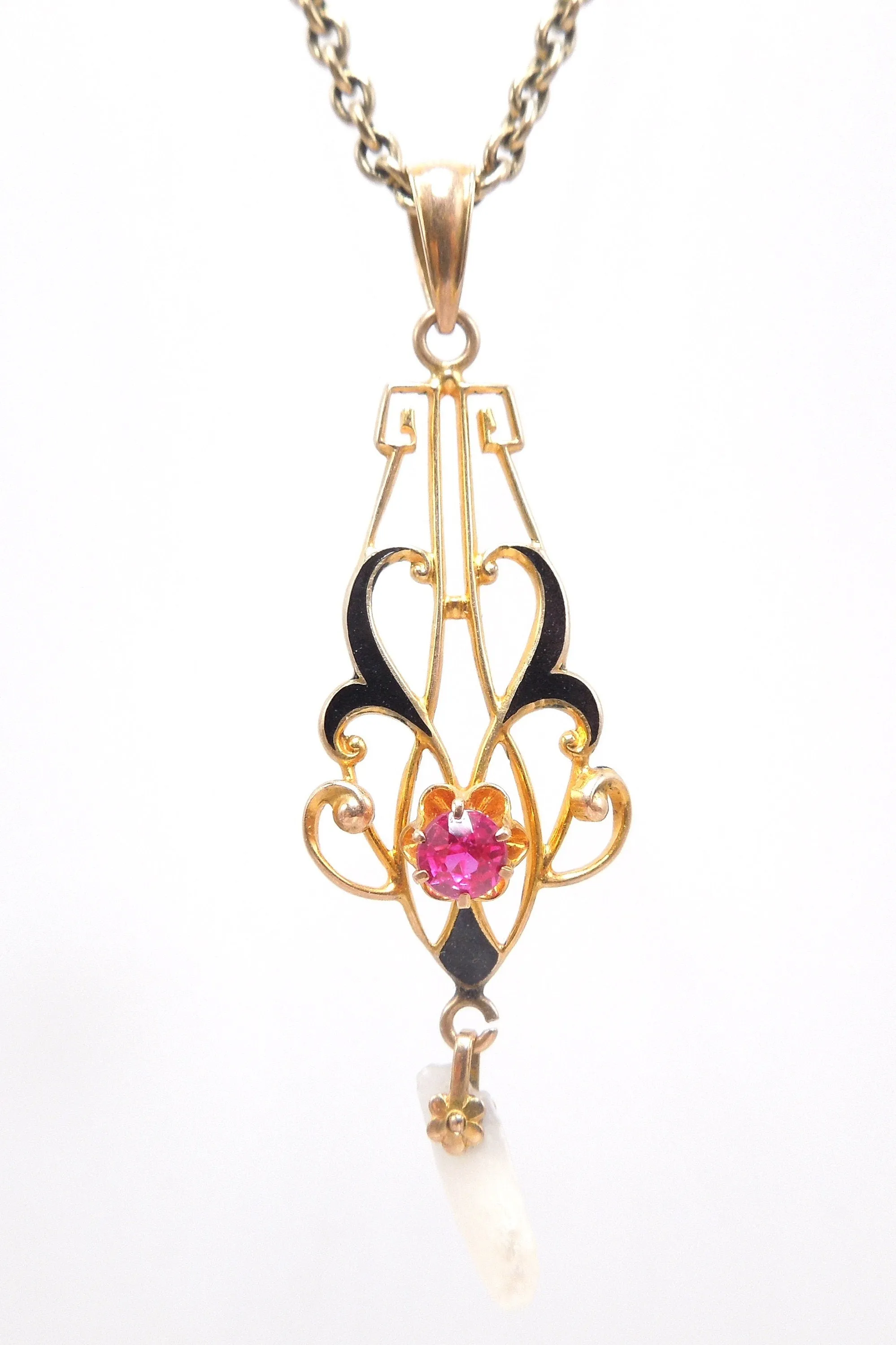 Art Nouveau Style Yellow Gold and Enamel Pendant with Dogtooth Pearl and Ruby