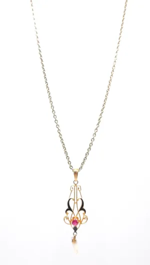 Art Nouveau Style Yellow Gold and Enamel Pendant with Dogtooth Pearl and Ruby