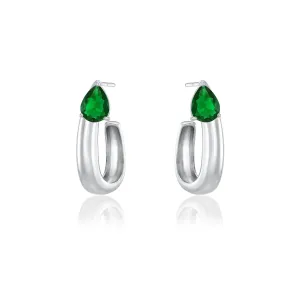Big Teardrop U Shape  Hoop Earrings - Silver Green