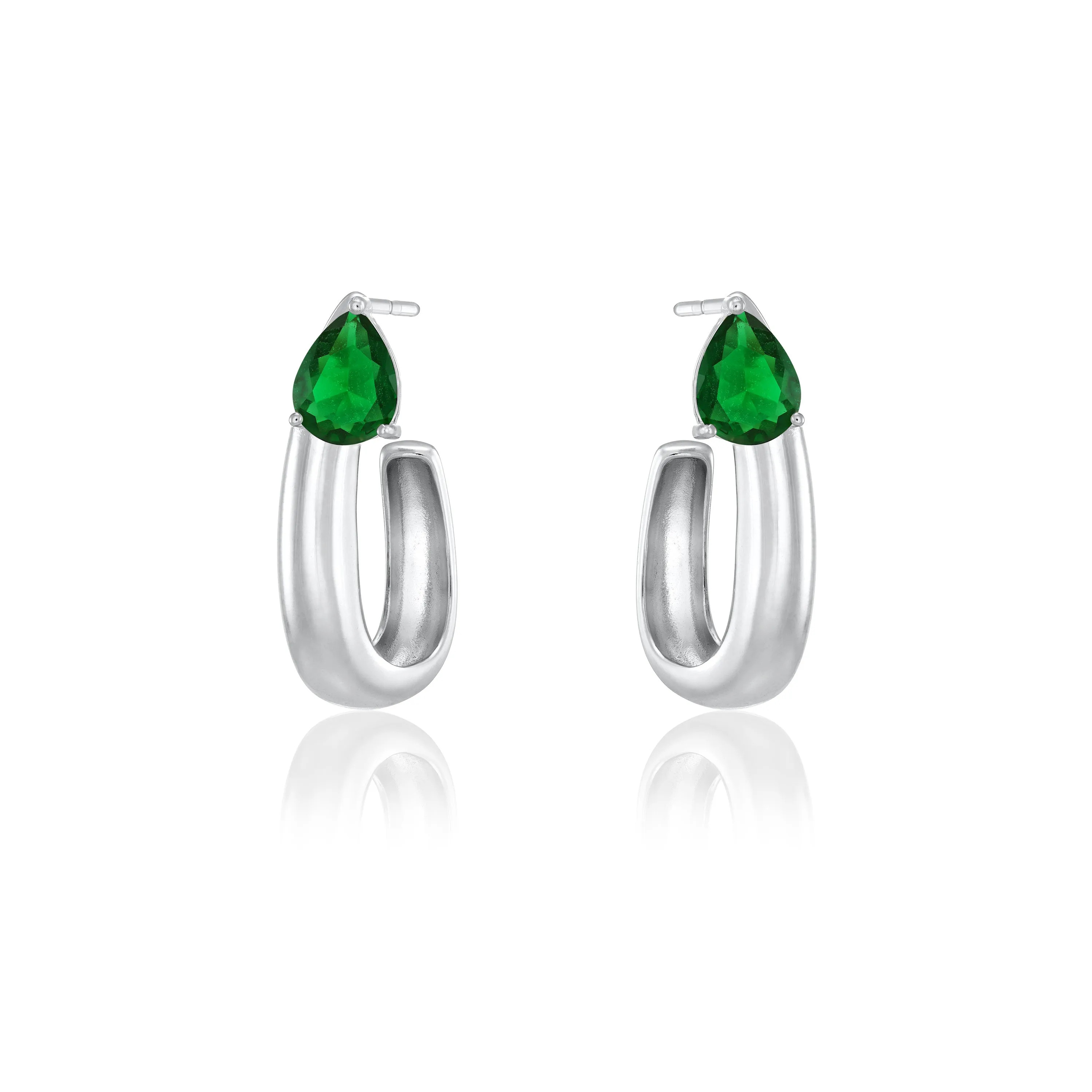 Big Teardrop U Shape  Hoop Earrings - Silver Green