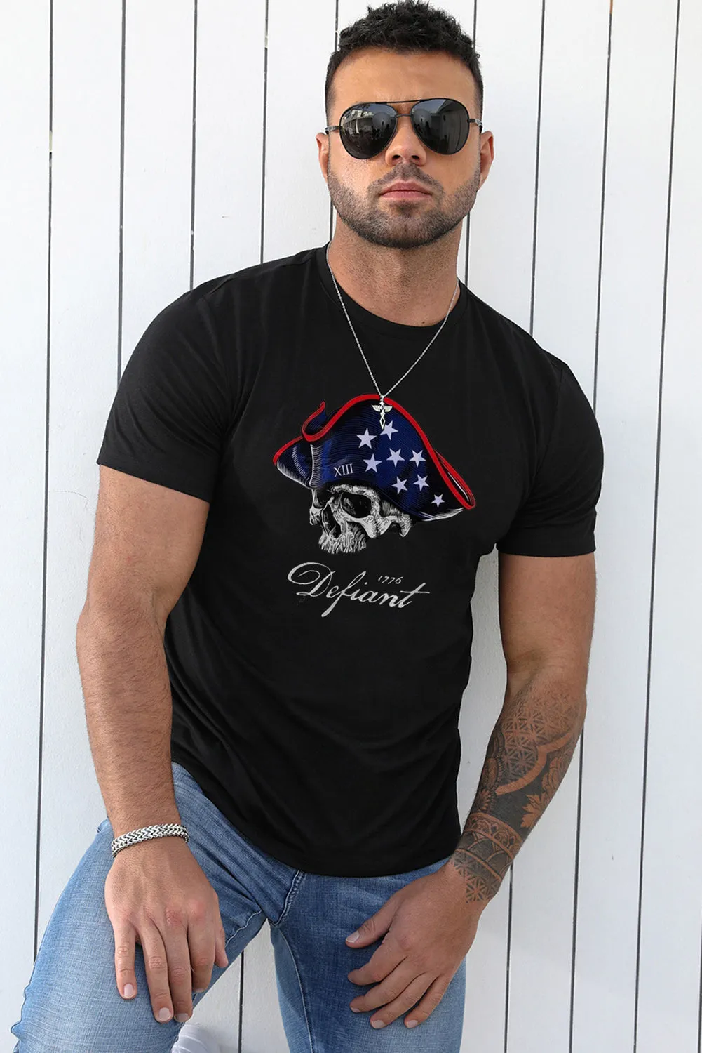 Black American Flag Skull Graphic Print Short Sleeve Men's T Shirt