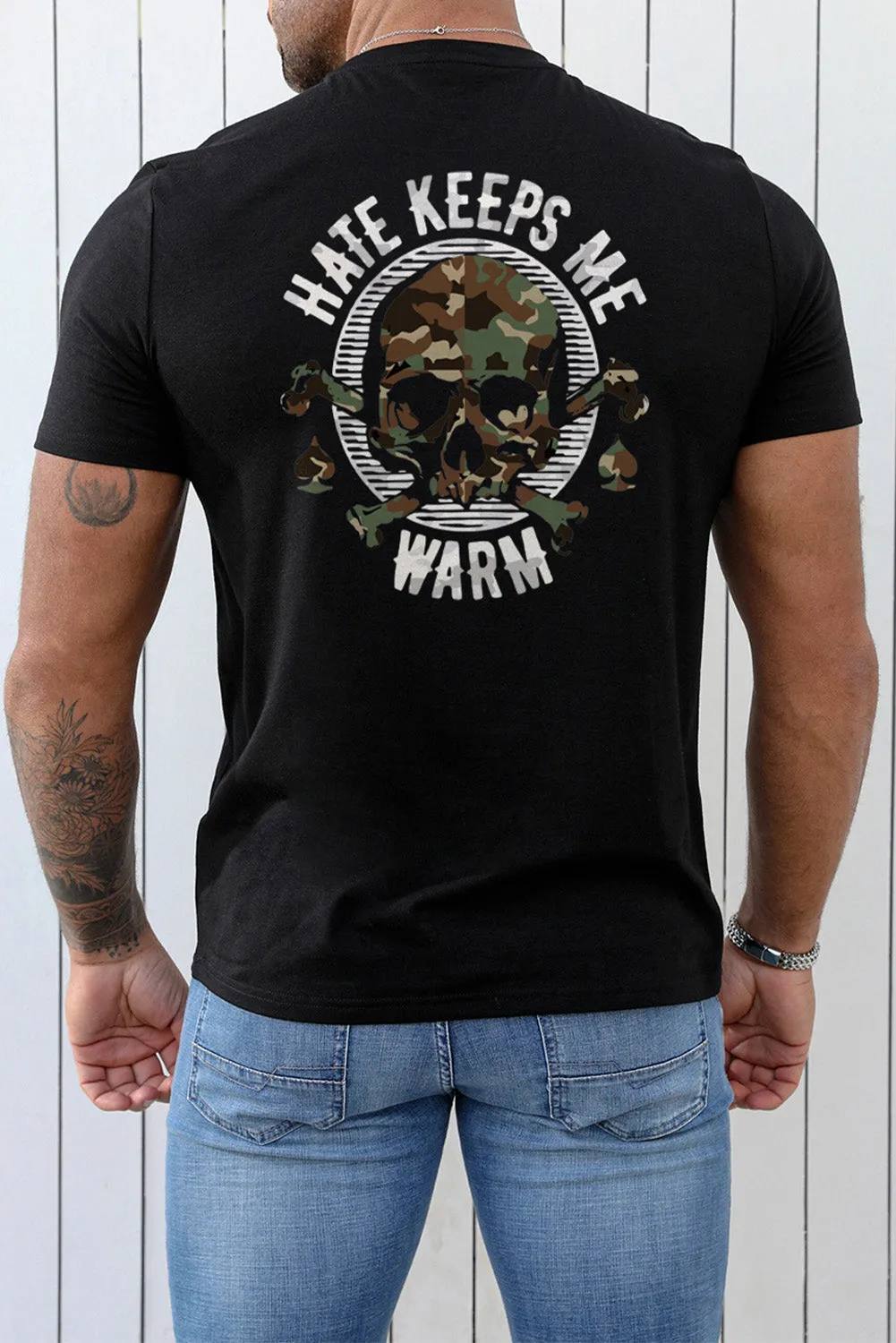 Black Camo Skull Letter Printed Muscle Fit Men's T Shirt