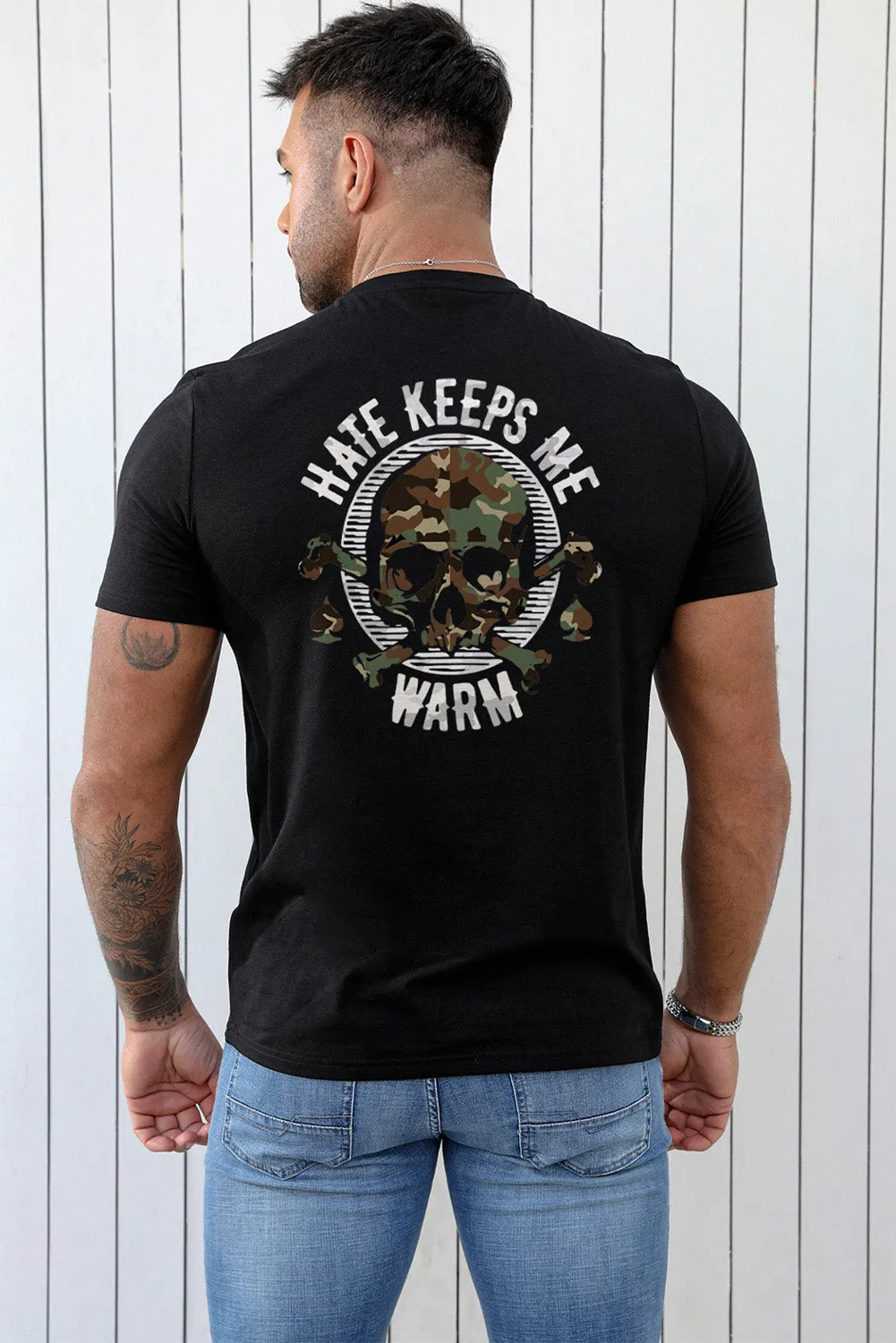 Black Camo Skull Letter Printed Muscle Fit Men's T Shirt