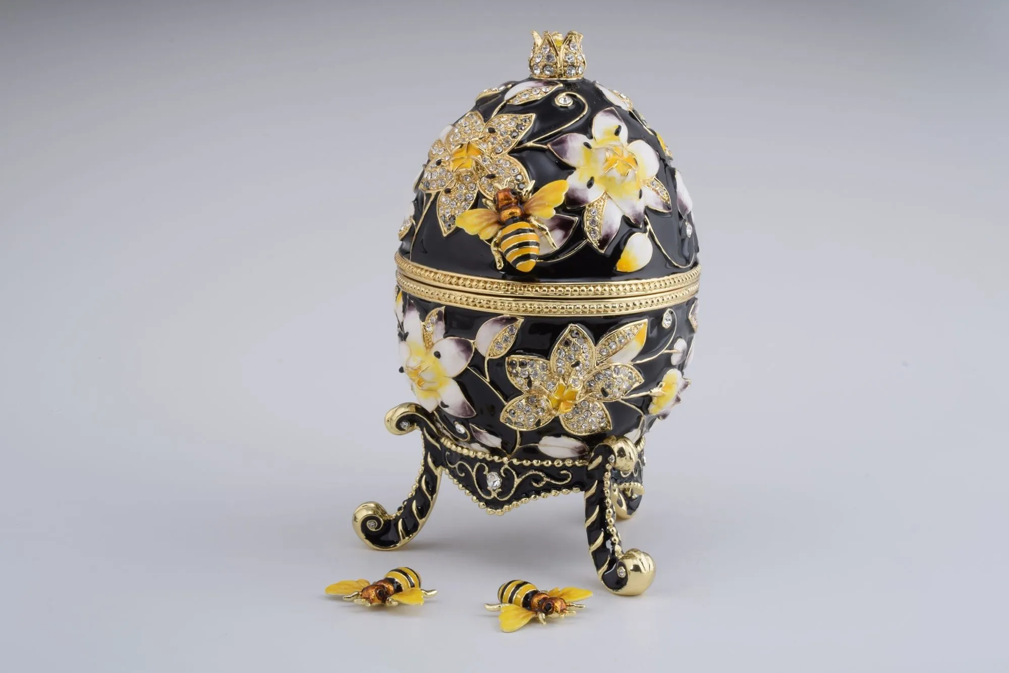 Black Faberge Egg Decorated with Bees and Flowers