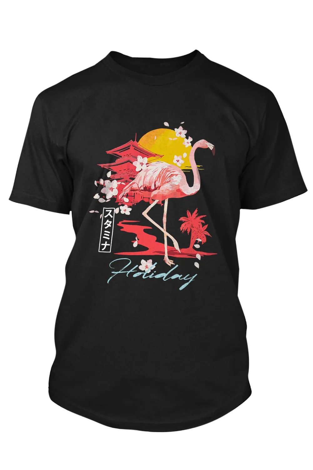 Black Holiday Flamingo Letter Graphic Print Short Sleeve Men's T Shirt