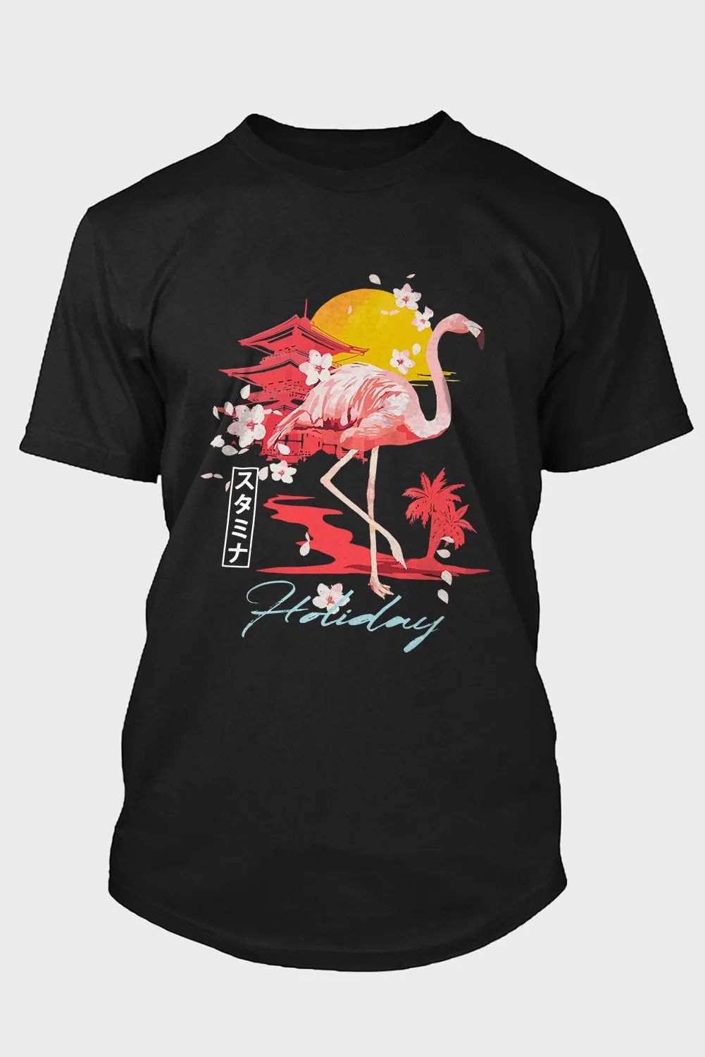 Black Holiday Flamingo Letter Graphic Print Short Sleeve Men's T Shirt
