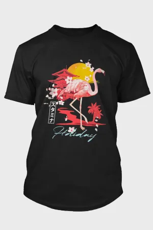 Black Holiday Flamingo Letter Graphic Print Short Sleeve Men's T Shirt