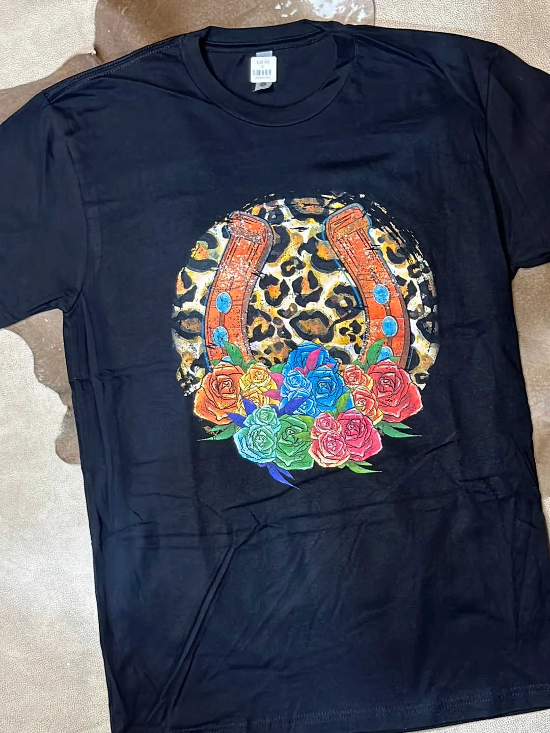 Black Leopard Horseshoe & Flowers Graphic Tee