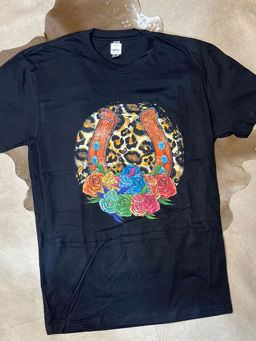Black Leopard Horseshoe & Flowers Graphic Tee