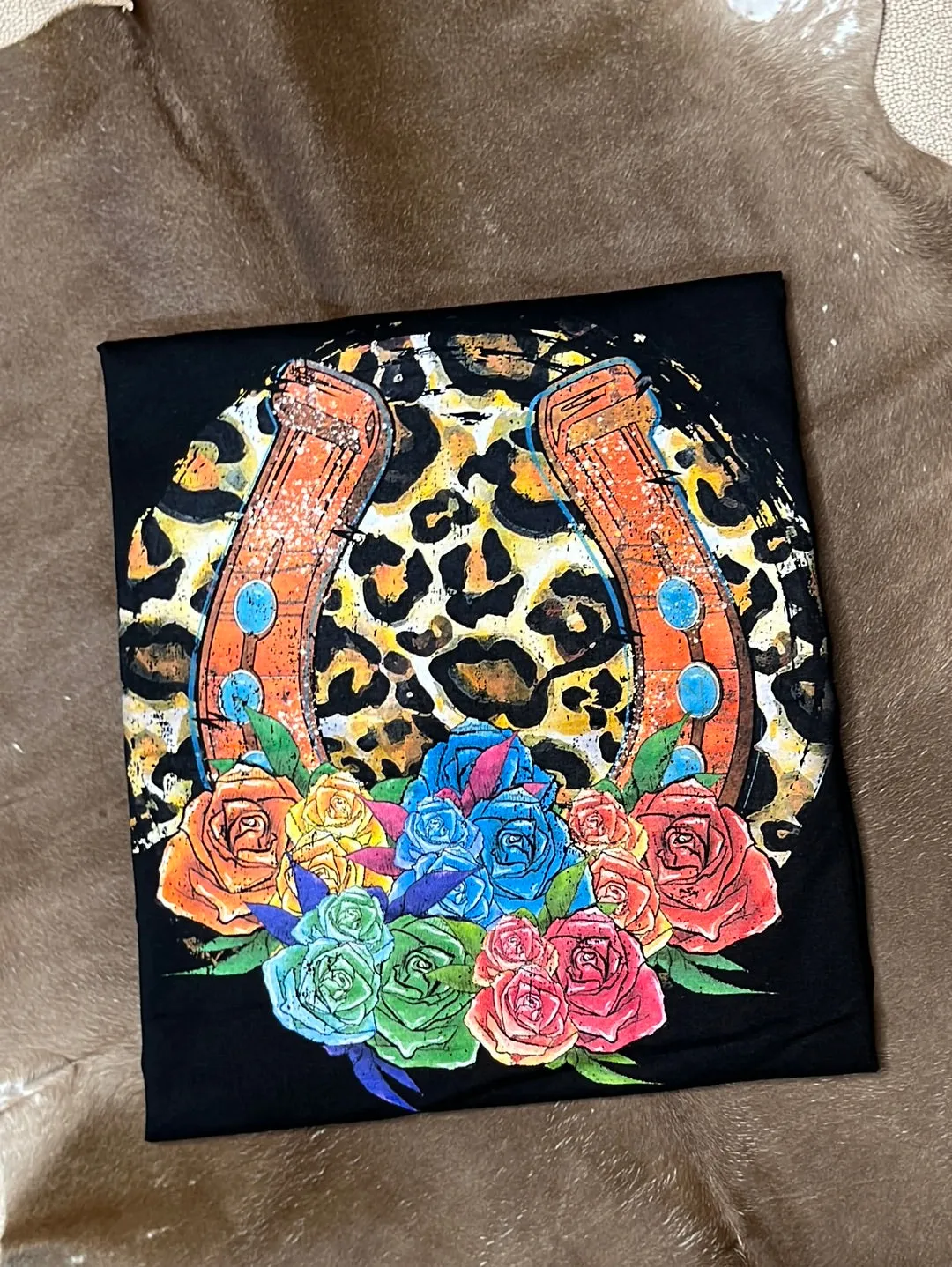 Black Leopard Horseshoe & Flowers Graphic Tee
