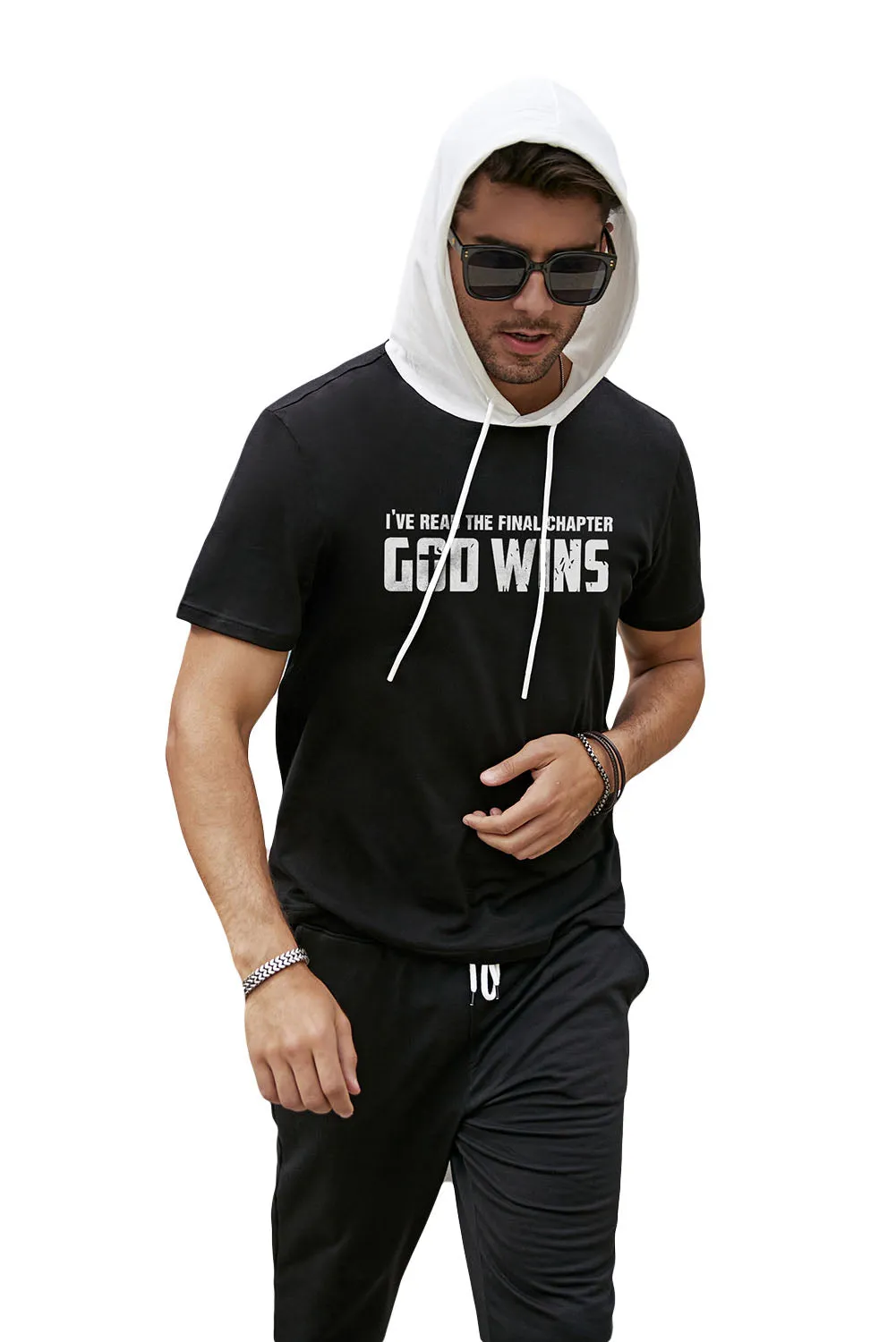 Black Letters Printed Hooded Short Sleeve Men's T Shirt
