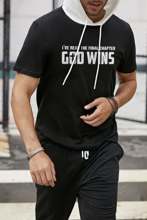 Black Letters Printed Hooded Short Sleeve Men's T Shirt