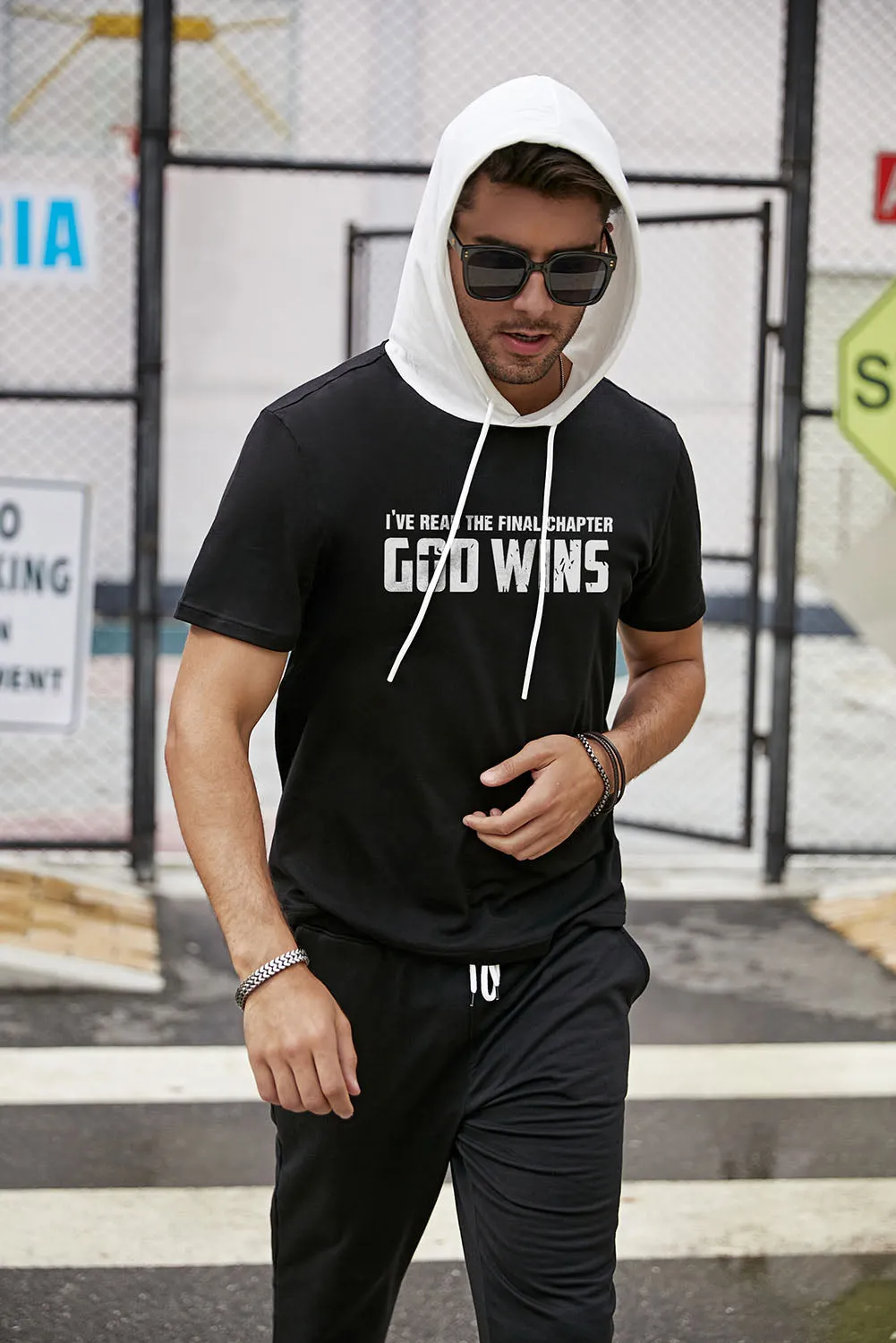Black Letters Printed Hooded Short Sleeve Men's T Shirt