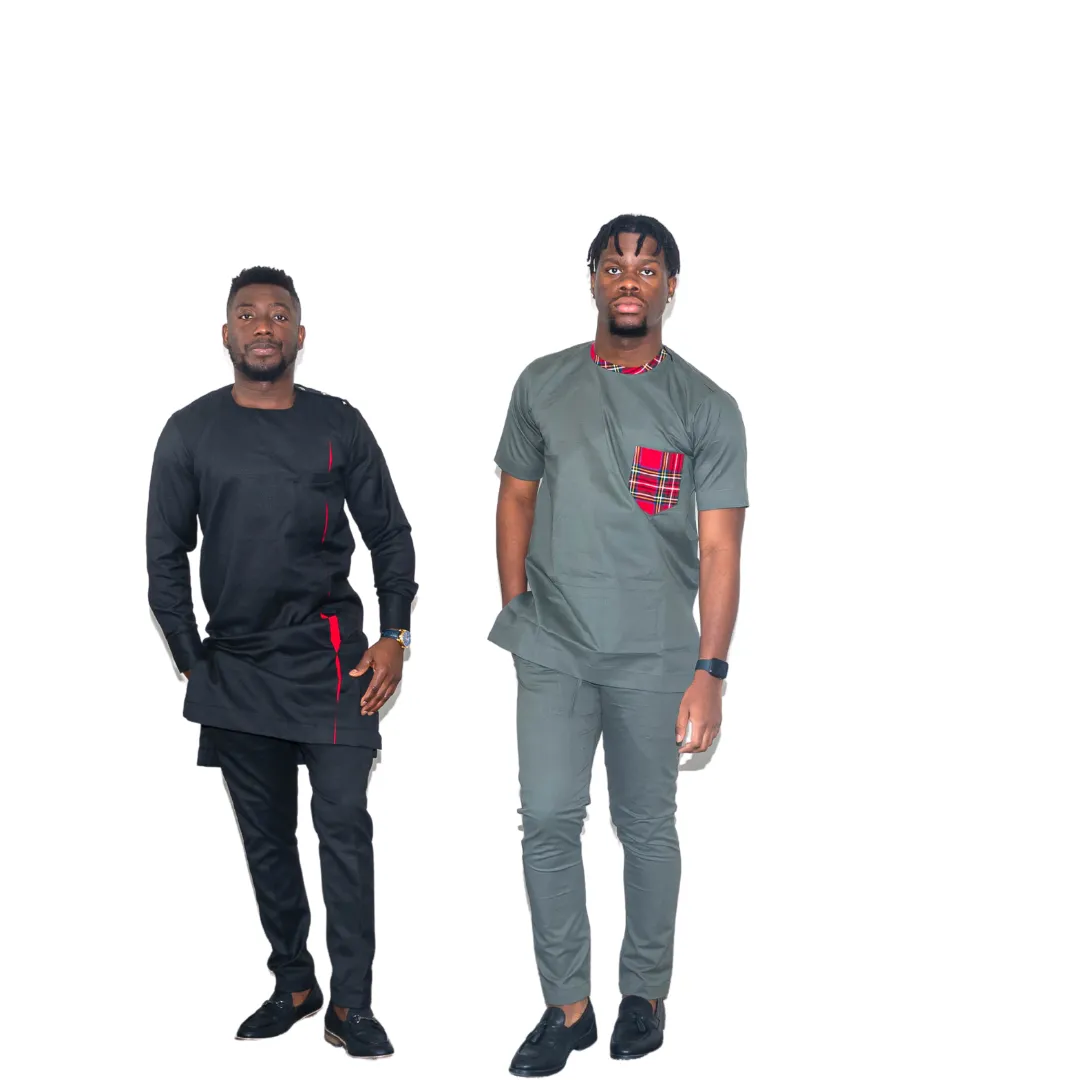 Black Long Sleeve  Africa Traditional Men set with Red accent