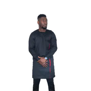 Black Long Sleeve  Africa Traditional Men set with Red accent