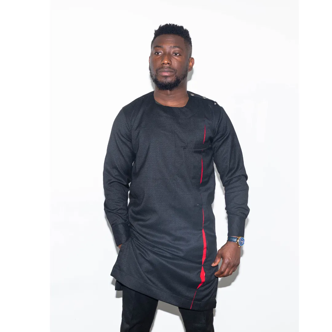 Black Long Sleeve  Africa Traditional Men set with Red accent