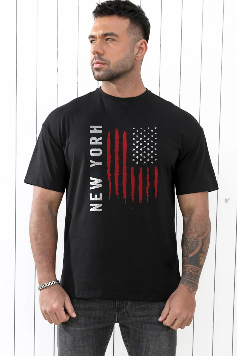 Black New York USA Flag Mens T Shirt