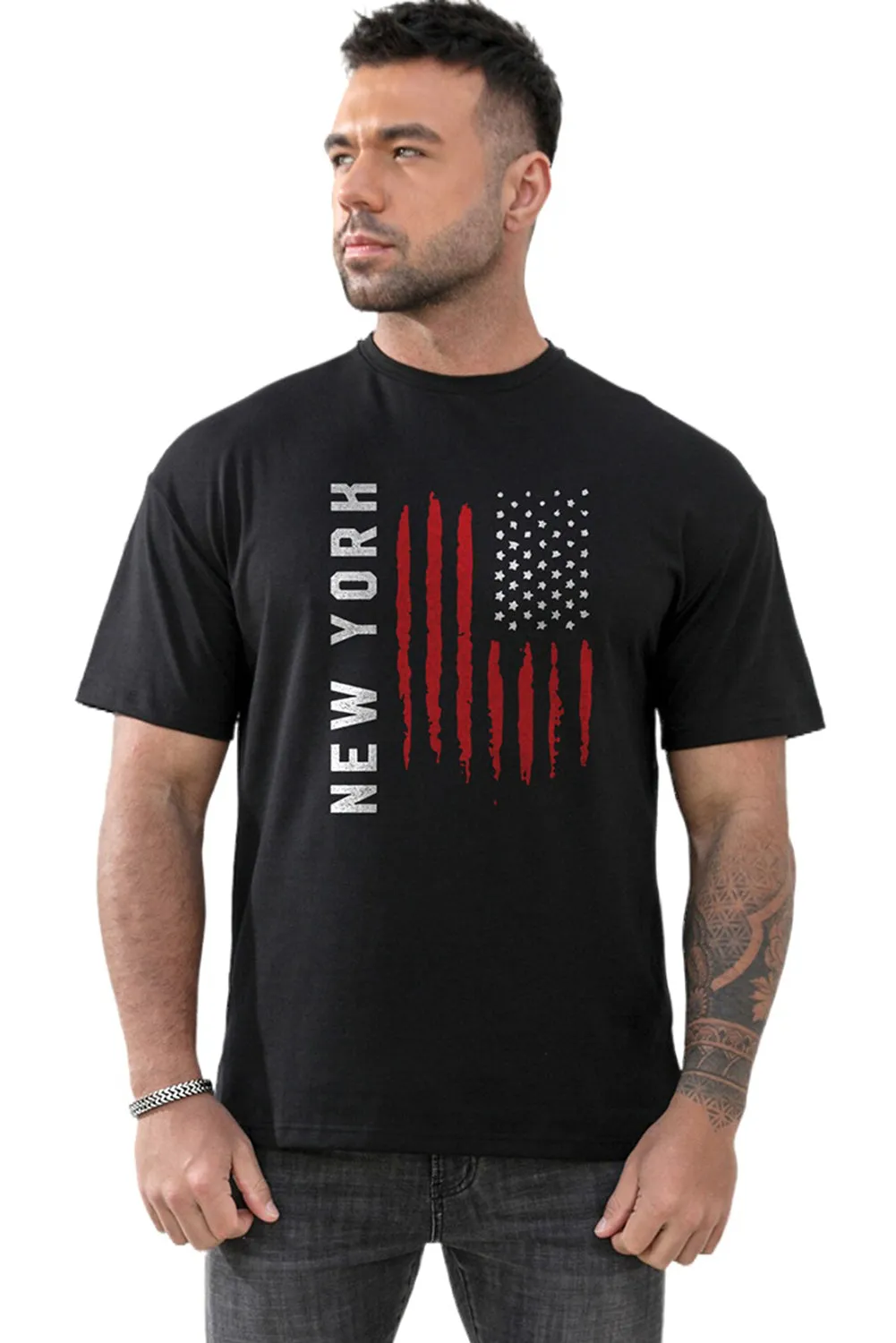 Black New York USA Flag Mens T Shirt