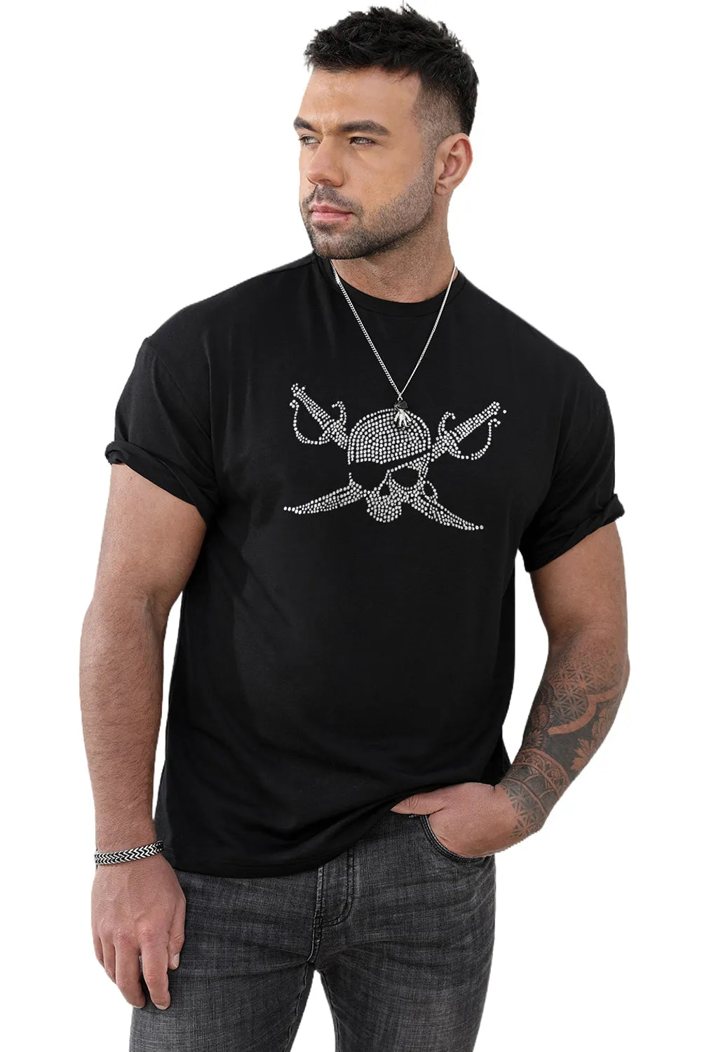 Black Pirate Skull Dot Plot Mens Short Sleeve T Shirt