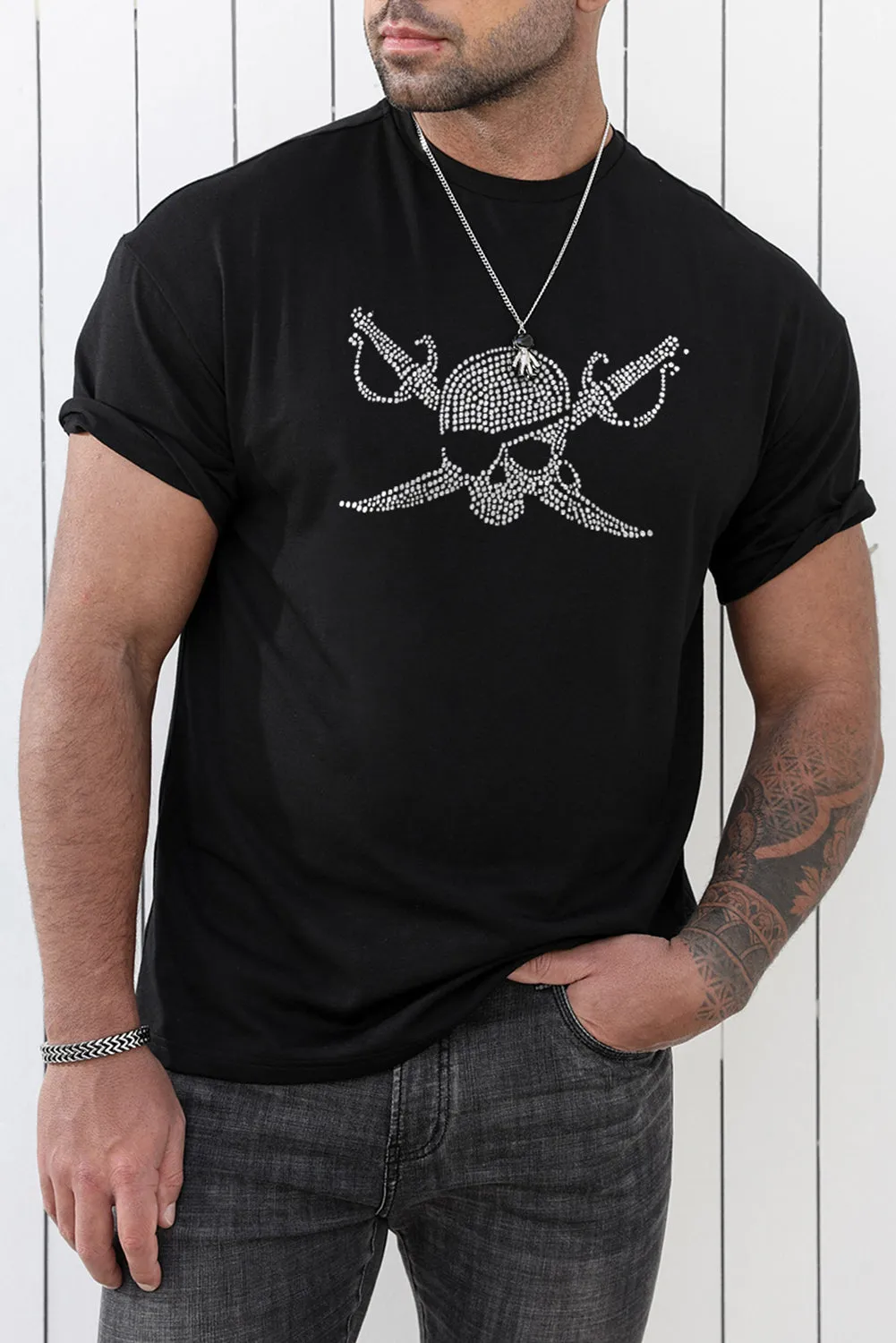 Black Pirate Skull Dot Plot Mens Short Sleeve T Shirt