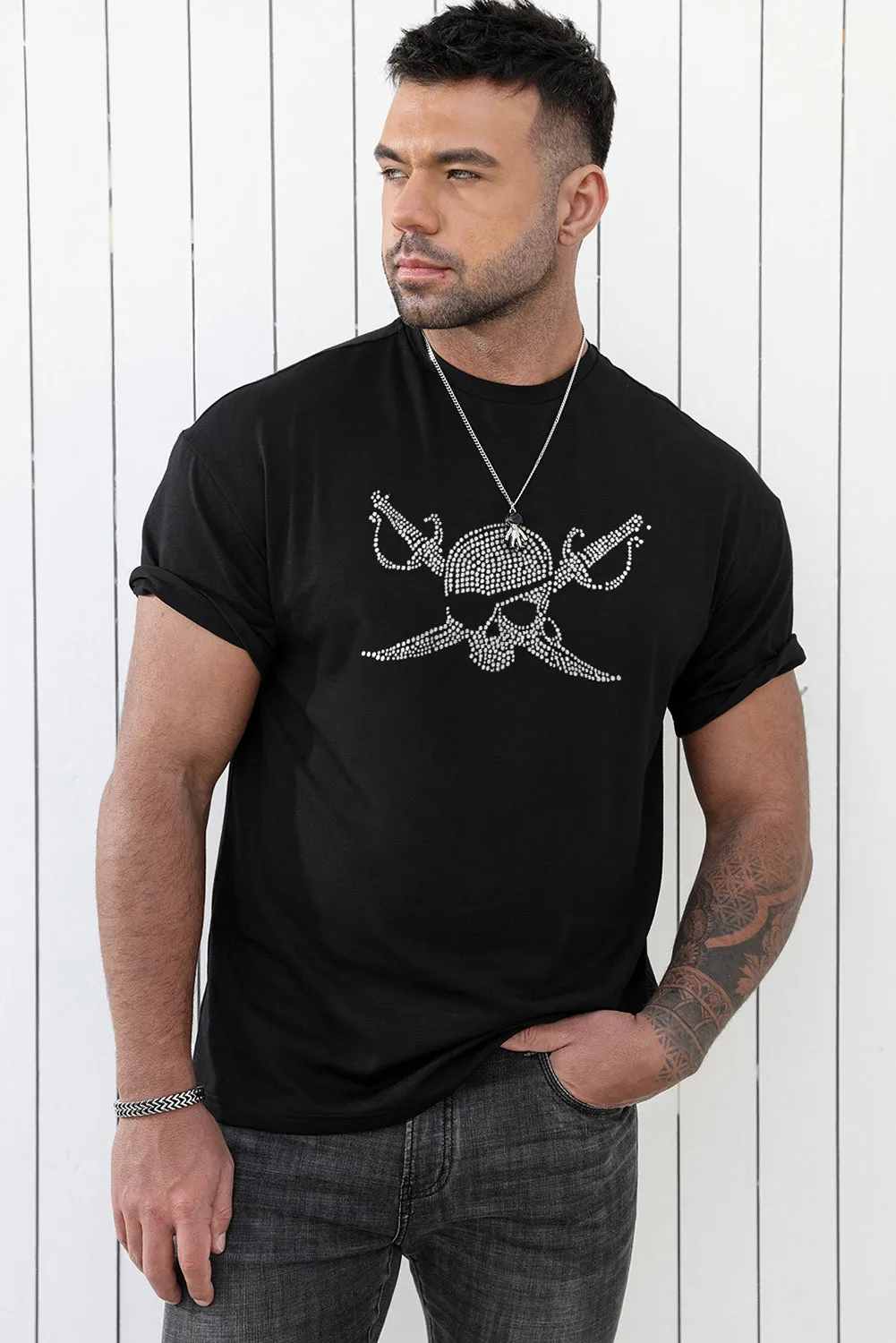 Black Pirate Skull Dot Plot Mens Short Sleeve T Shirt