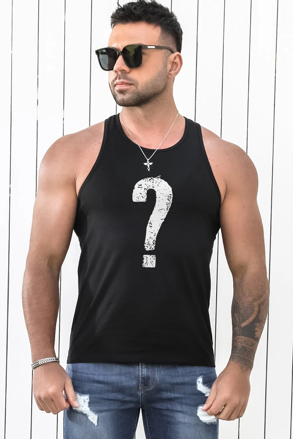 Black Question Mark Muscle Fit Racerback Men's Tank Top