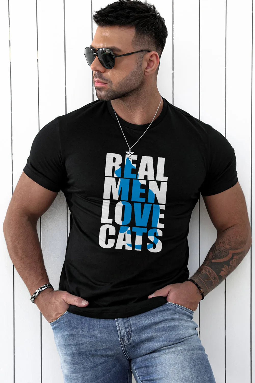 Black Real Men Love Cats Graphic Print Short Sleeve T Shirt