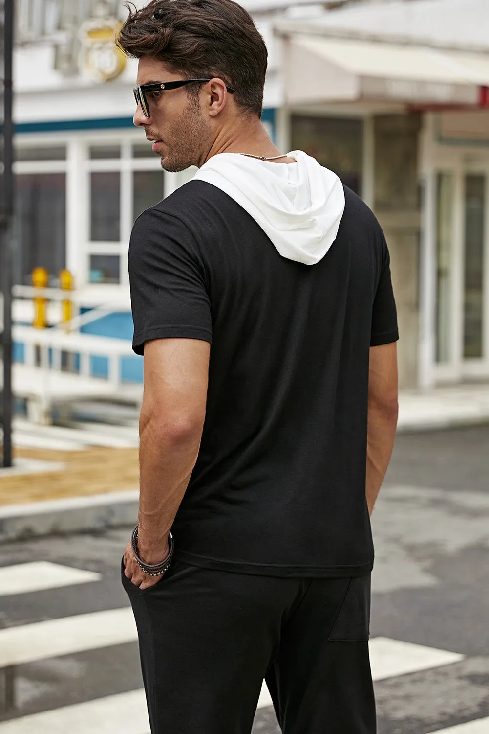 Black Skull Printed Hooded Short Sleeve Men's T Shirt