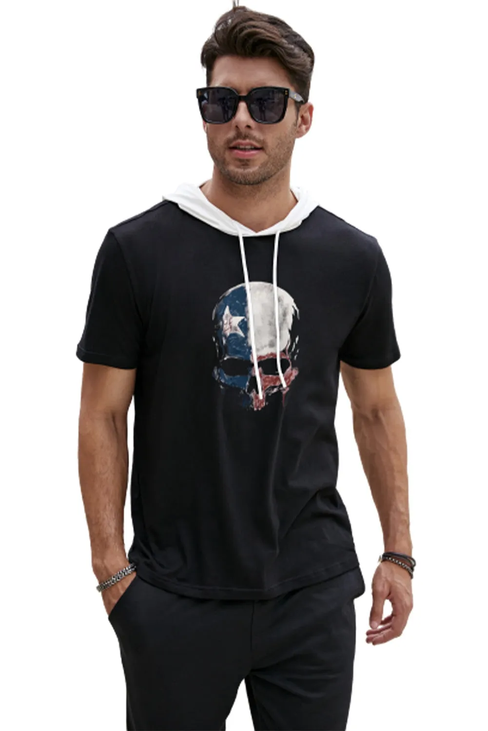 Black Skull Printed Hooded Short Sleeve Men's T Shirt
