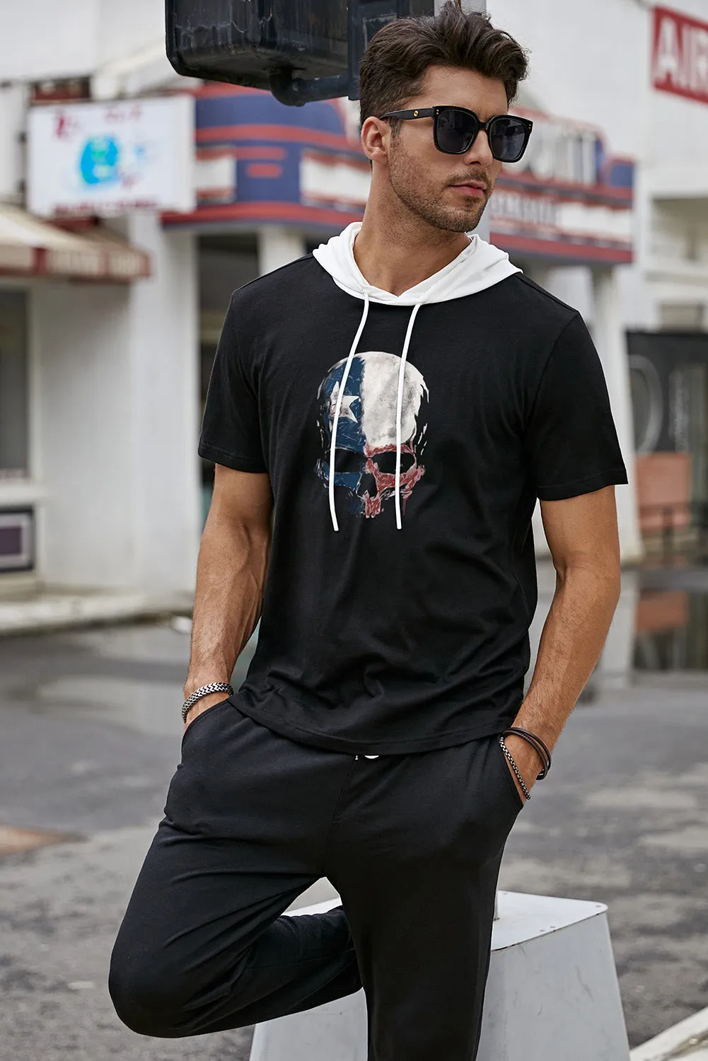 Black Skull Printed Hooded Short Sleeve Men's T Shirt
