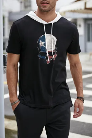 Black Skull Printed Hooded Short Sleeve Men's T Shirt