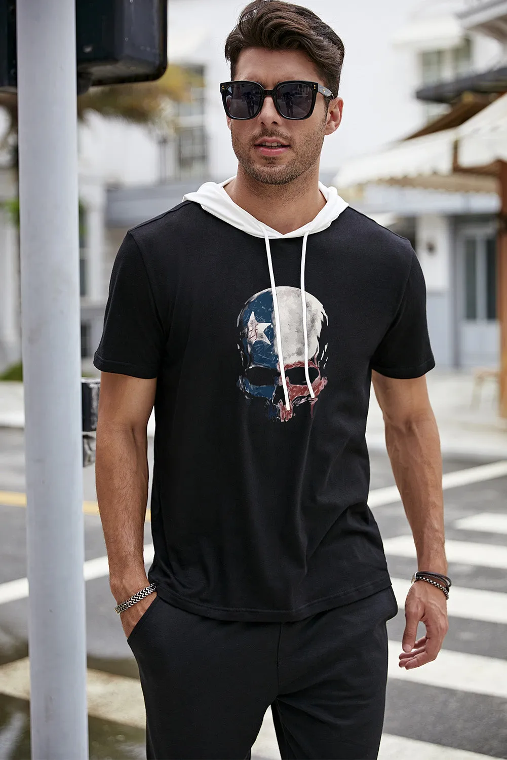 Black Skull Printed Hooded Short Sleeve Men's T Shirt