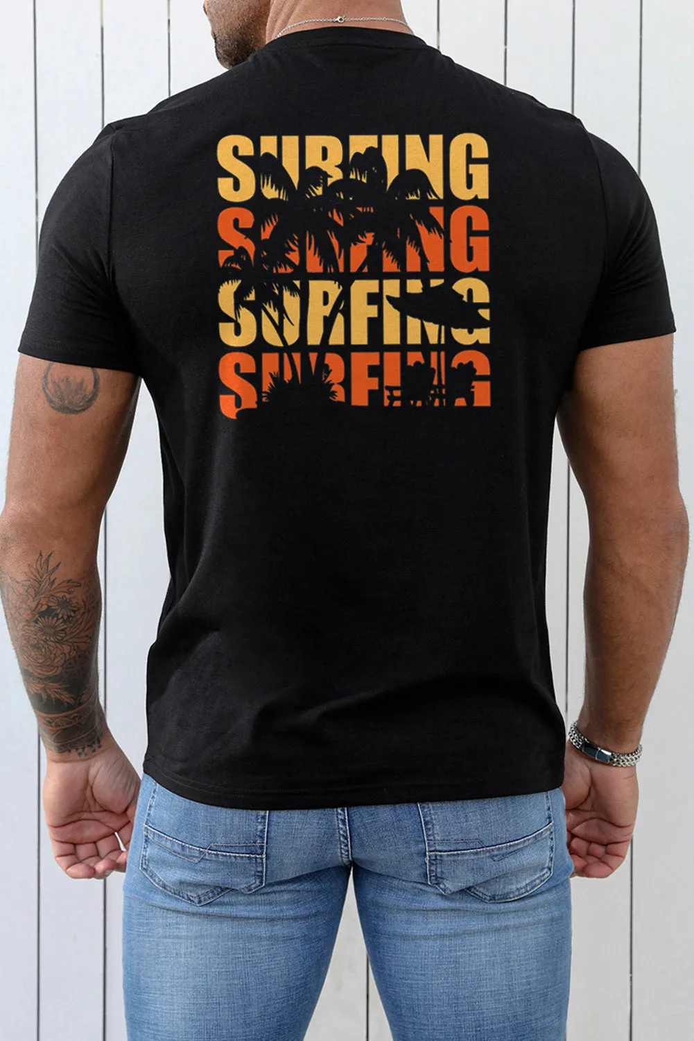 Black SURFING Plant Graphic Print Muscle Fit Men's Graphic Tee