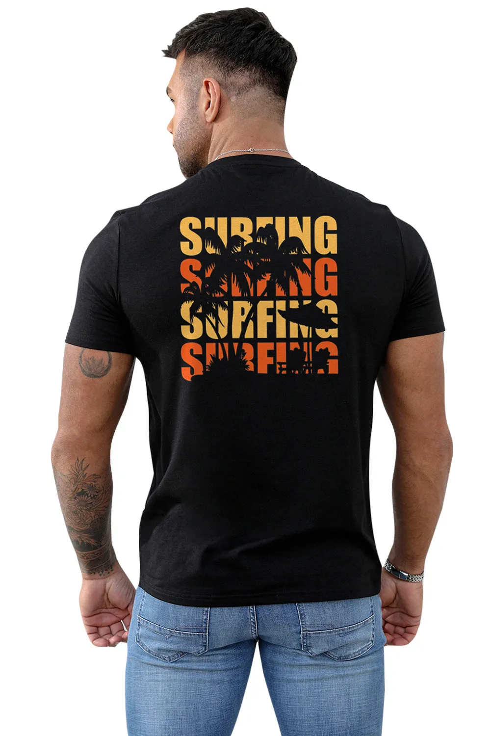 Black SURFING Plant Graphic Print Muscle Fit Men's Graphic Tee