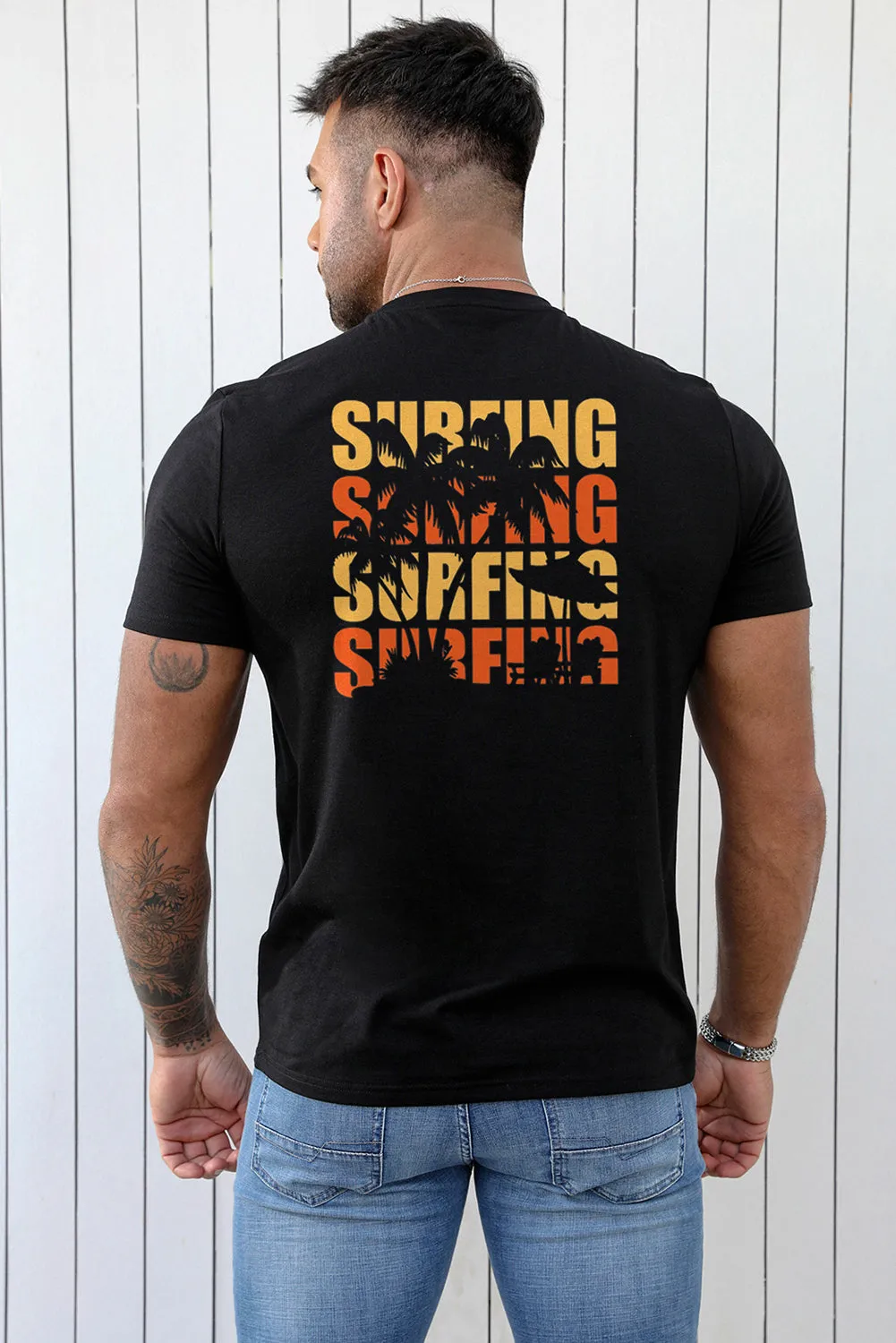 Black SURFING Plant Graphic Print Muscle Fit Men's Graphic Tee